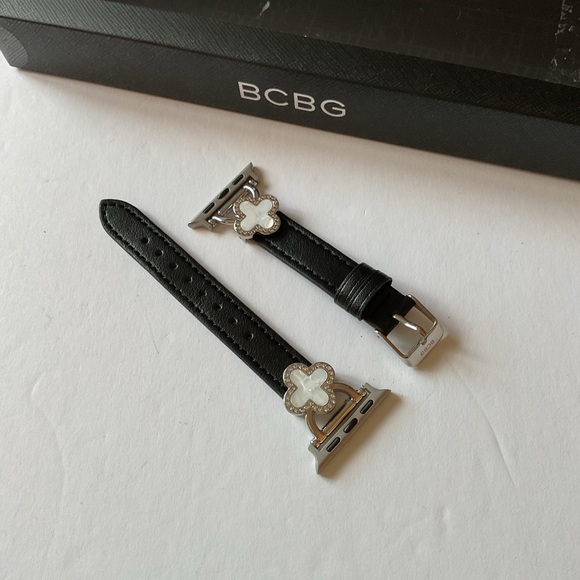 BCBG MAW24 BLACK LEATHER STRAP BAND  APPLE WATCH CLOVER DETAIL SILVER BUCKLE NWT main image 5